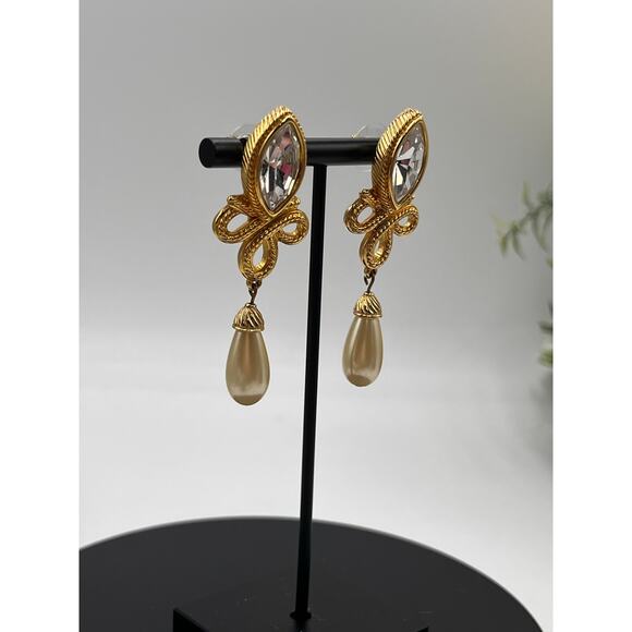 Swarovski Swan Vintage Crystal Teardrop Faux Pearl Gold Plated Dangle Earrings - Picture 4 of 8
